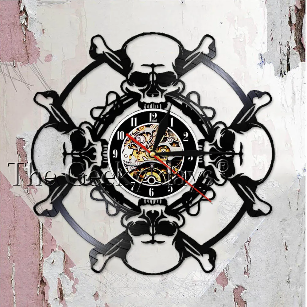 Skull Head Vinyl Record Wall Clock Aged Human Skull Wall Clock Skeleton Vampire Mens Halloween Decor Wall Hanging Clock Watch