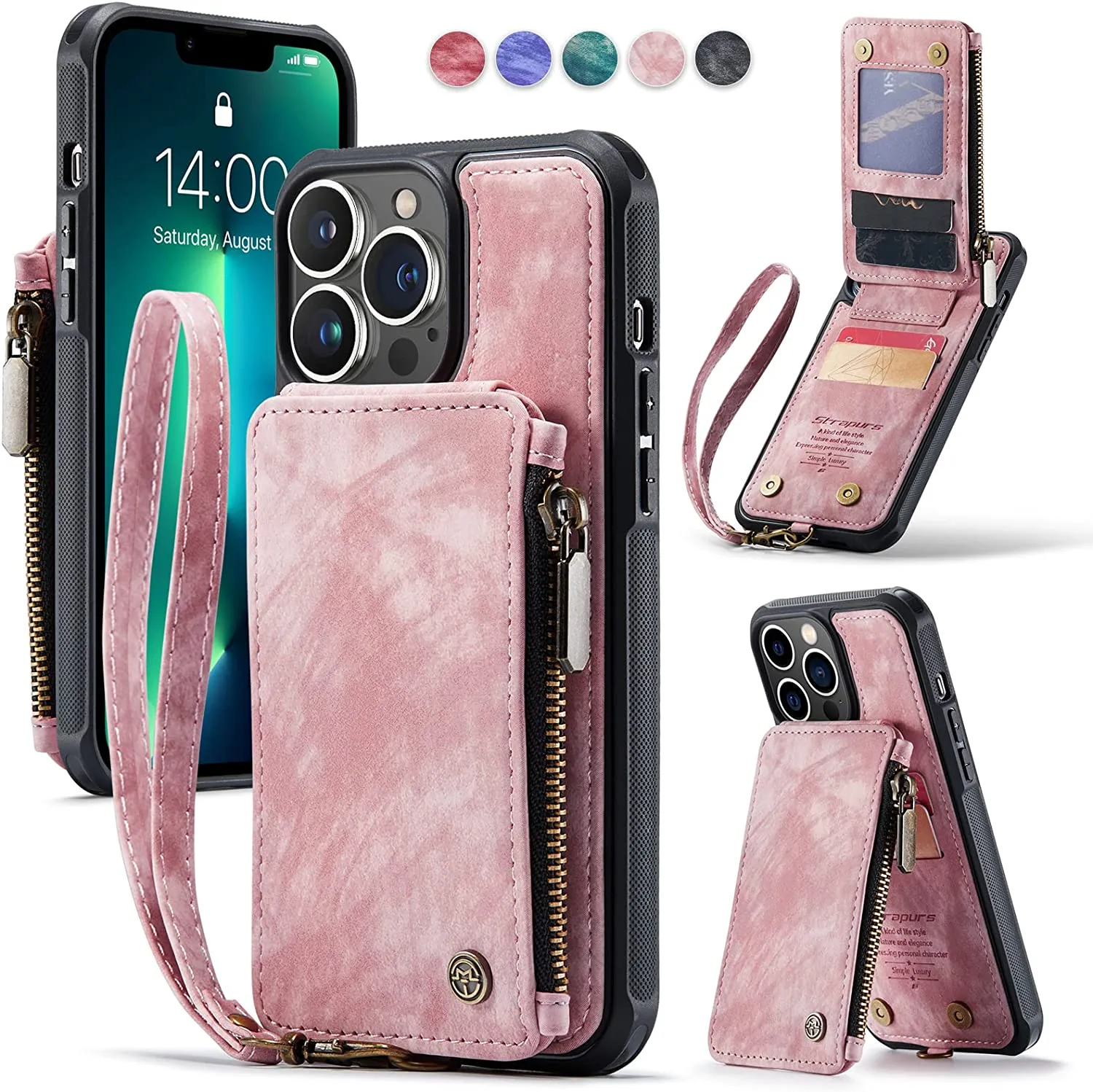 Strapurs Wallet Case iPhone 13 Pro Max Protective Case 6.7",Fashion Red