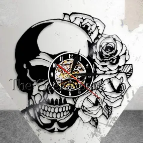 Tattoo Skull with Rose Wall Art Wall Clock Skeleton Skull Thorn Roses Vinyl Record Wall Clock Gothic Home Decor Wall Watch Clock