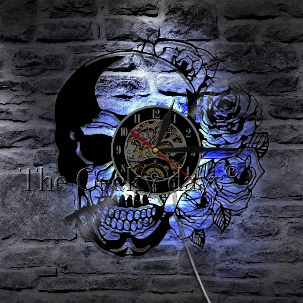 Tattoo Skull with Rose Wall Art Wall Clock Skeleton Skull Thorn Roses Vinyl Record Wall Clock Gothic Home Decor Wall Watch Clock