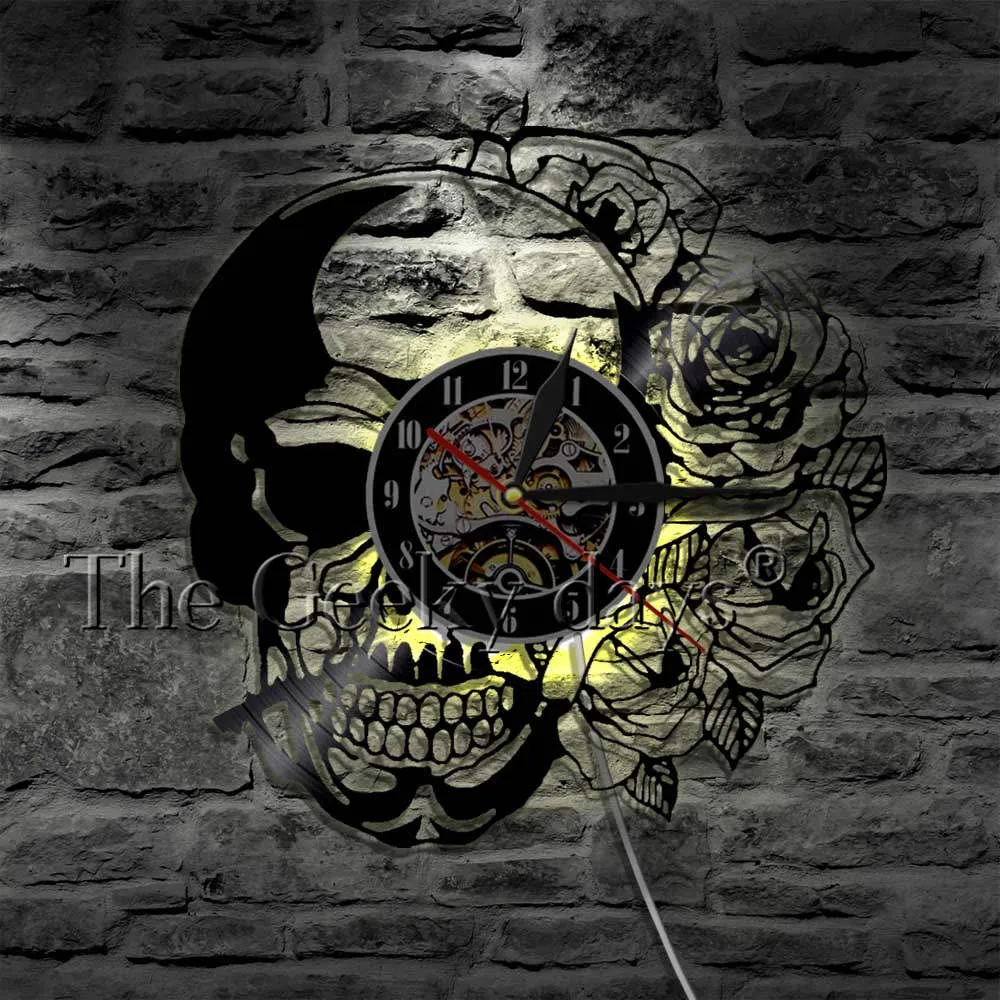 Tattoo Skull with Rose Wall Art Wall Clock Skeleton Skull Thorn Roses Vinyl Record Wall Clock Gothic Home Decor Wall Watch Clock
