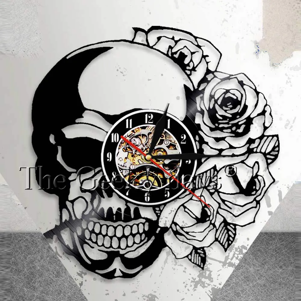 Tattoo Skull with Rose Wall Art Wall Clock Skeleton Skull Thorn Roses Vinyl Record Wall Clock Gothic Home Decor Wall Watch Clock