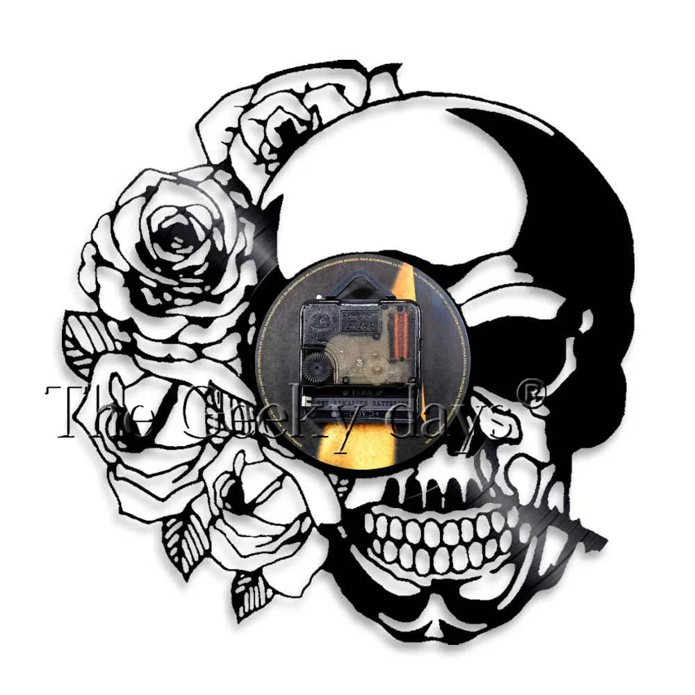 Tattoo Skull with Rose Wall Art Wall Clock Skeleton Skull Thorn Roses Vinyl Record Wall Clock Gothic Home Decor Wall Watch Clock