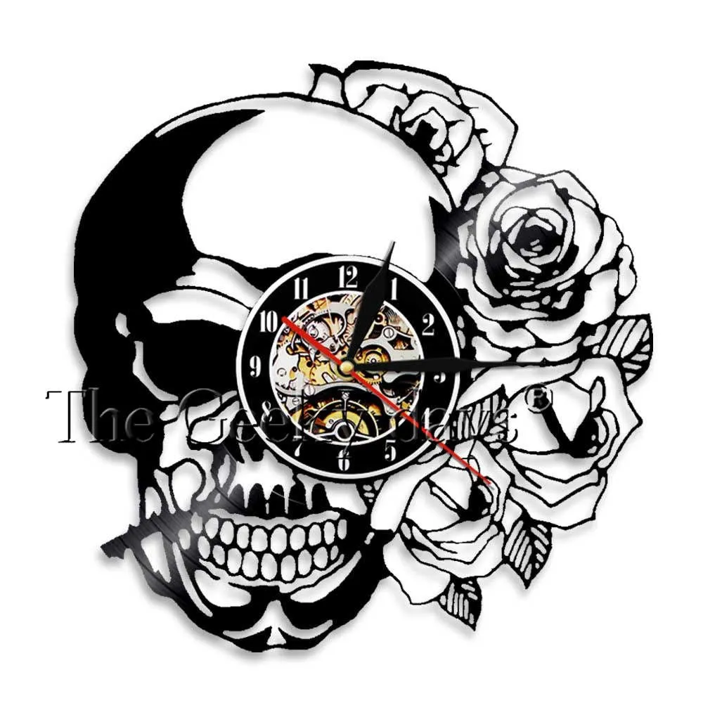 Tattoo Skull with Rose Wall Art Wall Clock Skeleton Skull Thorn Roses Vinyl Record Wall Clock Gothic Home Decor Wall Watch Clock