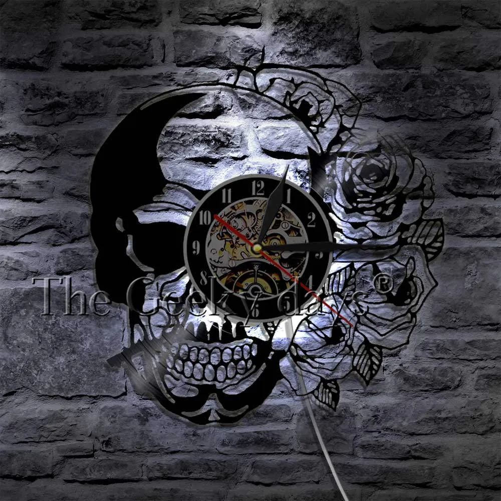 Tattoo Skull with Rose Wall Art Wall Clock Skeleton Skull Thorn Roses Vinyl Record Wall Clock Gothic Home Decor Wall Watch Clock