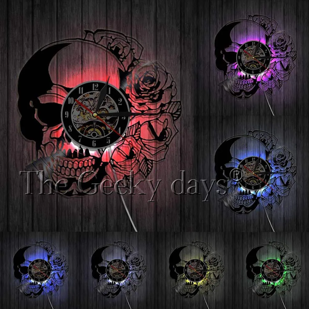 Tattoo Skull with Rose Wall Art Wall Clock Skeleton Skull Thorn Roses Vinyl Record Wall Clock Gothic Home Decor Wall Watch Clock