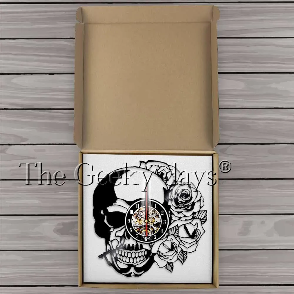 Tattoo Skull with Rose Wall Art Wall Clock Skeleton Skull Thorn Roses Vinyl Record Wall Clock Gothic Home Decor Wall Watch Clock