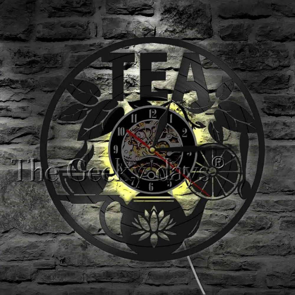 Tea Time Wall Decor Tea Pot Design Wall Clock Drink Tea Vinyl Record LP Clock Decorative Hanging Watch Tea Lovers Room Decor