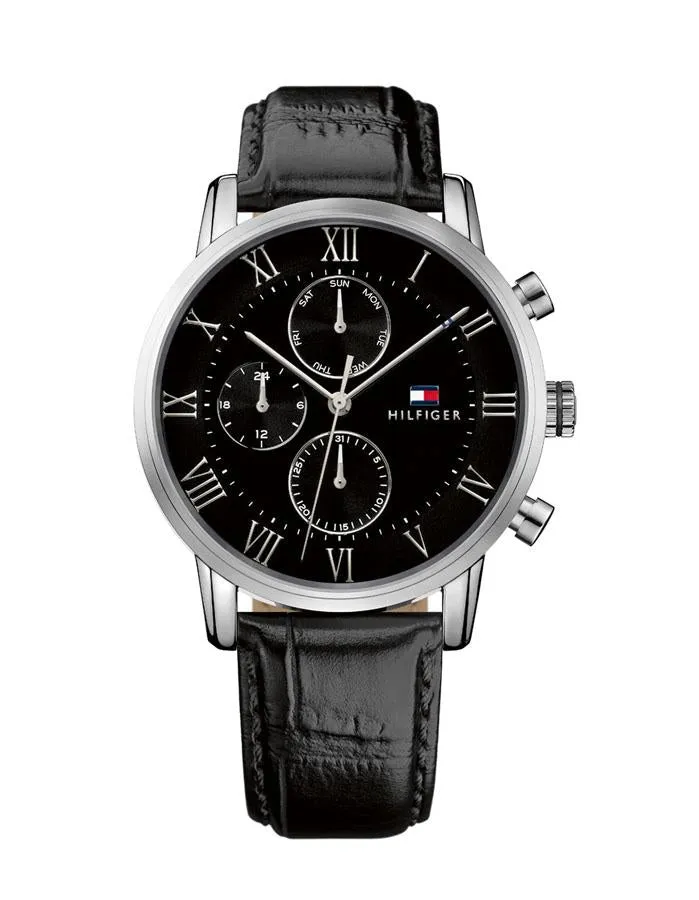 Tommy Hilfiger Mens Kane Watch - Stainless Steel - Black Leather Strap
