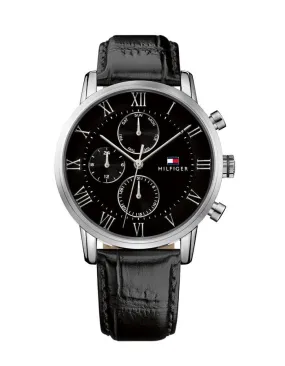 Tommy Hilfiger Mens Kane Watch - Stainless Steel - Black Leather Strap