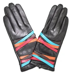 Touch Screen Leather Glove with Contrasting Colorful Straps