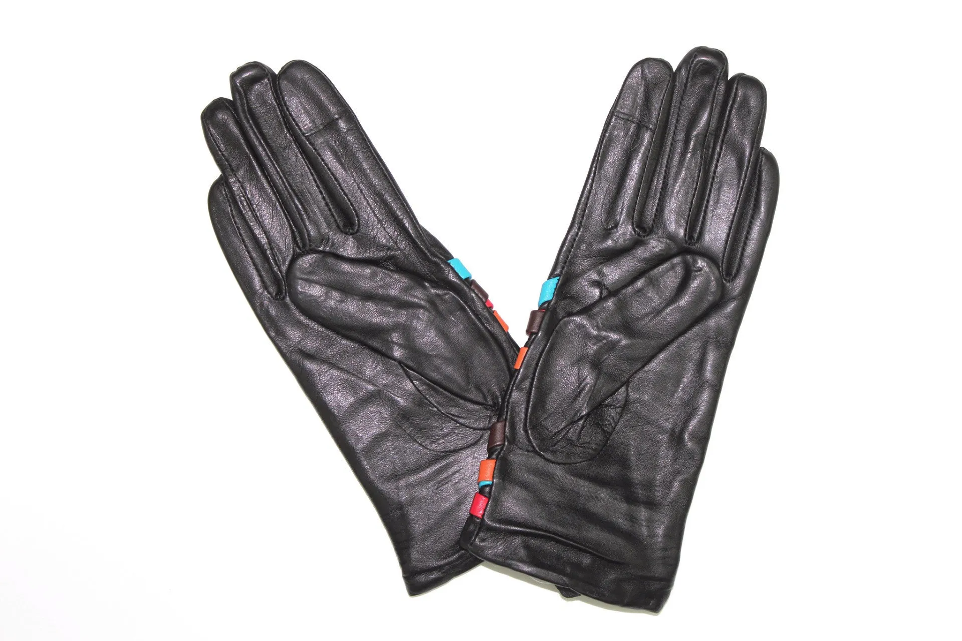 Touch Screen Leather Glove with Contrasting Colorful Straps