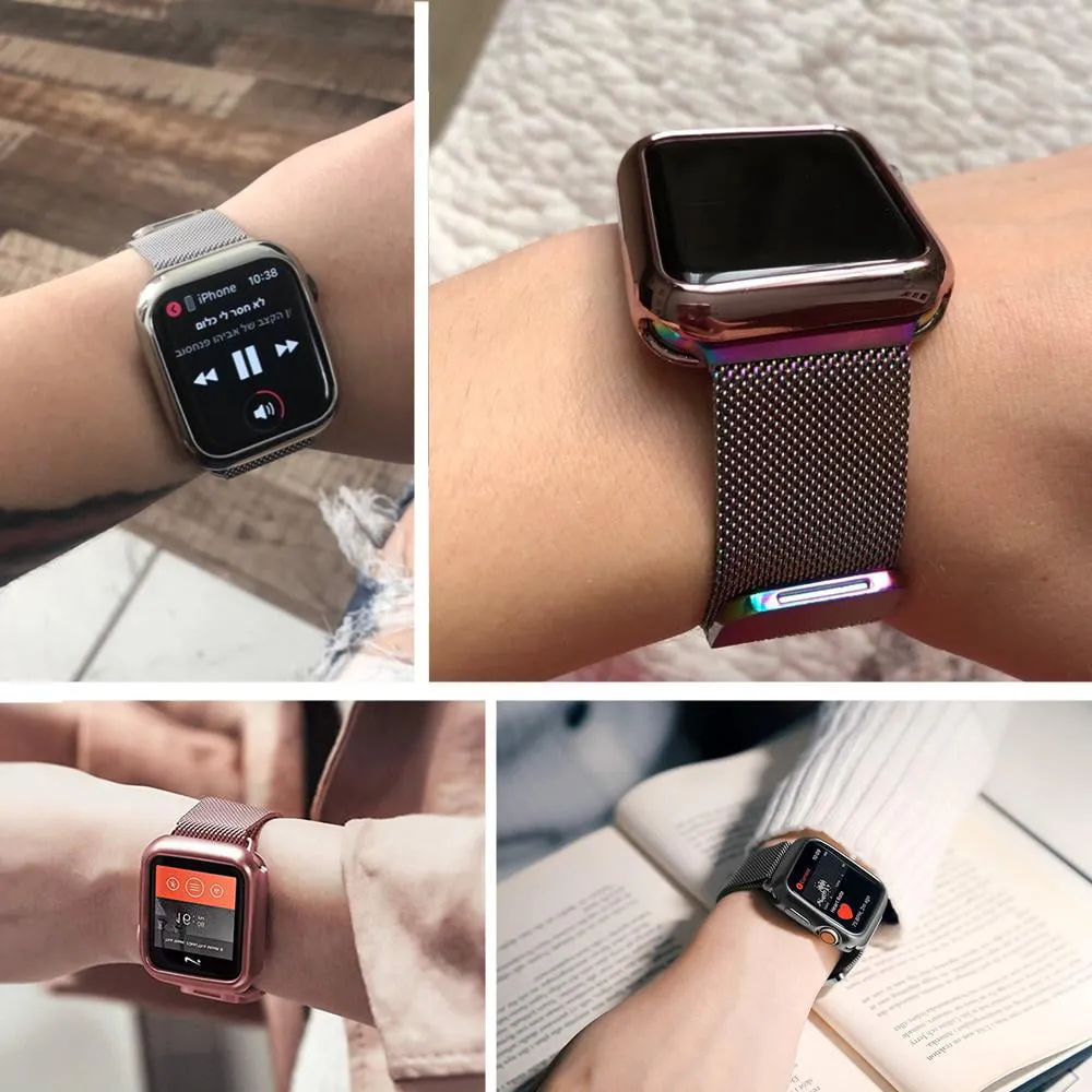 Yepband 1/2Pack Magnetic Metal Band and Cover Compatible with Apple Watch Bands 38mm 42mm 40mm 44mm Soft TPU Bumper Case with Stainless Steel Mesh Strap Milanese Loop for iWatch Series SE 6 5 4 3 2 1